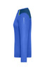 A long-sleeve ladies running shirt in blue with a dark blue and yellow accent, featuring a logo on the sleeve.