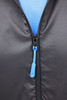 A black men's running jacket featuring a zippered front with a blue zipper pull and a textured inner lining.