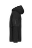 A black men's running jacket with a hood, featuring a sleek design and a branding logo on the sleeve.