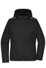 A black ladies' softshell jacket featuring a hood and a subtle logo on the chest area.