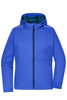 A blue ladies softshell jacket with a hood and a zip front, featuring a logo on one side.