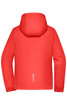 A red ladies sports softshell jacket with a hood, featuring a logo and a sleek design.