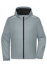 Men's softshell jacket in light grey, featuring a hood and reflective details, with a zip front and a logo.