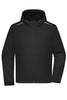 A black men's softshell jacket featuring a hood and reflective detailing on the shoulders. It has a front zip closure.