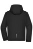 A black men's sports softshell jacket featuring a hood and a design element on the back. It includes a logo.