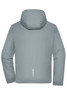 A softshell jacket in light grey with a hood and a logo on the back.