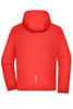 A red men's sports softshell jacket with a hood and a logo on the back.