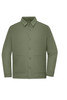 A unisex shirt jacket in olive green with a button front and two side pockets. Features a logo on the chest.