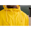 A bright yellow unisex raincoat with a hood and a zipped pocket, featuring a logo on the chest area.