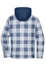 A check shirt jacket with a navy hood, featuring a blue and white plaid pattern on the back.