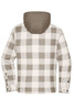 A check shirt jacket featuring a brown and white plaid pattern, with a hood, and buttoned cuffs.