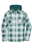 A check shirt jacket in shades of green and white, featuring a hood and front pockets. It has a branded logo.