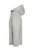 A grey knitted fleece jacket with a hood and zippered pockets, featuring branding.