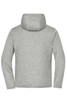A grey knitted fleece jacket with a hood and long sleeves. Includes a branding logo on the back.