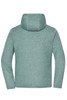 A knitted fleece jacket in a soft green hue, featuring a hood and a plain back design. It has a logo on the fabric.