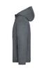 A grey knitted fleece jacket with a hood, featuring a branded logo and a side-view perspective.
