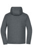 A grey knitted fleece jacket featuring a hood and long sleeves, with a logo on the back.