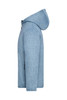 A grey-blue knitted fleece jacket with a hood, featuring a side view and a logo on the sleeve.