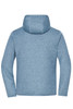 A soft shell jacket in a light blue hue features a hood and a textured fabric design, with a logo on it.