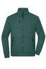 A green fleece jacket with a high collar and multiple zippered pockets, featuring a logo.
