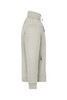 A light grey fleece jacket with a zip-up front and side pockets, featuring a logo on the chest. 