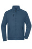 A blue fleece jacket featuring a high collar and multiple zippered pockets, including one on the chest.