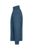 A side view of a blue polar fleece jacket featuring a zippered pocket and a high collar. It has a logo on it.
