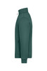 A green fleece jacket featuring a high collar and zippered side pocket, with a logo on the sleeve.