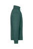 A green fleece jacket with a high collar and zippered pocket, featuring a logo on the front.