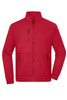 A red fleece jacket with a high collar and multiple zippered pockets, featuring a logo on the chest.