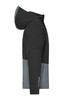 A black and grey hardshell rainjacket featuring a hood, with a logo on the side.