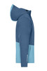 A hardshell rainjacket in a blue and light blue colour scheme, featuring a hood and a logo on the sleeve.