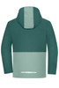 A green and light green hardshell rainjacket with a hood and a logo on the back.