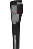 Workwear pants in black and grey with multiple pockets and a red zipper, featuring a logo. Ideal for all-season wear.