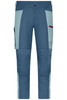 All-season workwear pants in blue and light grey, featuring multiple pockets and a logo. Designed for durability and functionality.