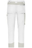 White workwear pants featuring grey accents and multiple pockets. The design includes a logo on the waistband.