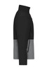 A softshell workwear jacket in black and grey, featuring a high collar and a logo on the front.