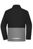 A softshell jacket in black and grey, featuring a logo on the back, designed for workwear purposes.