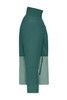A softshell jacket in dark green and light green, featuring a side zip pocket and a logo.