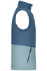 A softshell vest in dark blue and light blue, featuring a zippered pocket and a logo.