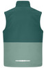 A softshell vest in teal and light green with a logo on the back. Perfect for workwear applications.