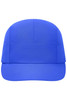 A blue 7 panel sports cap with a structured design and a curved brim, featuring a logo.