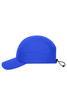 A blue 7 panel sports cap with a curved brim and an adjustable back strap. It features a logo.
