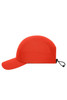 A red 7-panel sports cap with a wide brim and adjustable toggle at the back, featuring a logo.