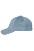 A blue corduroy cap featuring a six-panel design and a branded logo.