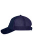 A navy 6 panel cap made of corduroy and mesh, featuring a structured design and adjustable back.