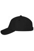 A black 6 Panel Dad Cap featuring a curved brim and an adjustable strap. It includes a logo on the side.