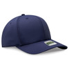 A navy blue six-panel cap with a structured design and a logo on the front.