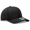 A black six-panel cap featuring a curved brim and a logo label on the front.