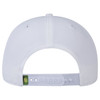 A white six-panel pro style cap with a plastic snapback closure, featuring a small logo on the side.